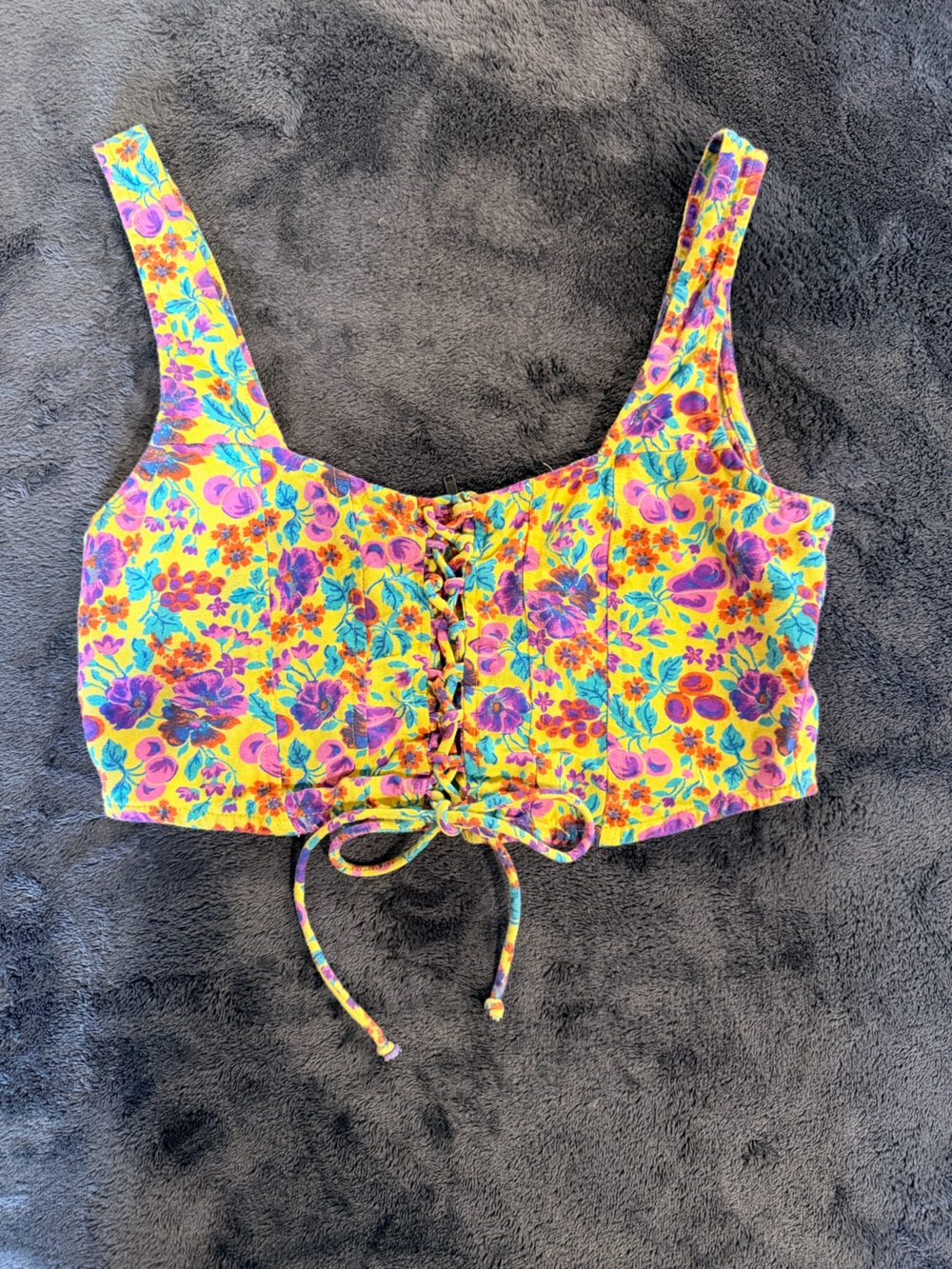 Nasty Gal Yellow Floral Lace-Up Crop Top - Picture 1 of 3
